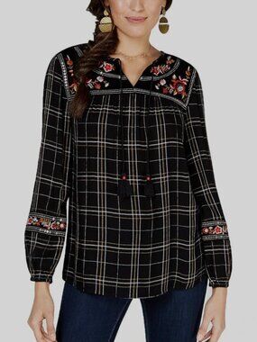 Style & Co. Embroidered Plaid Peasant Top Peasant blouse Oversize V-neck Size M